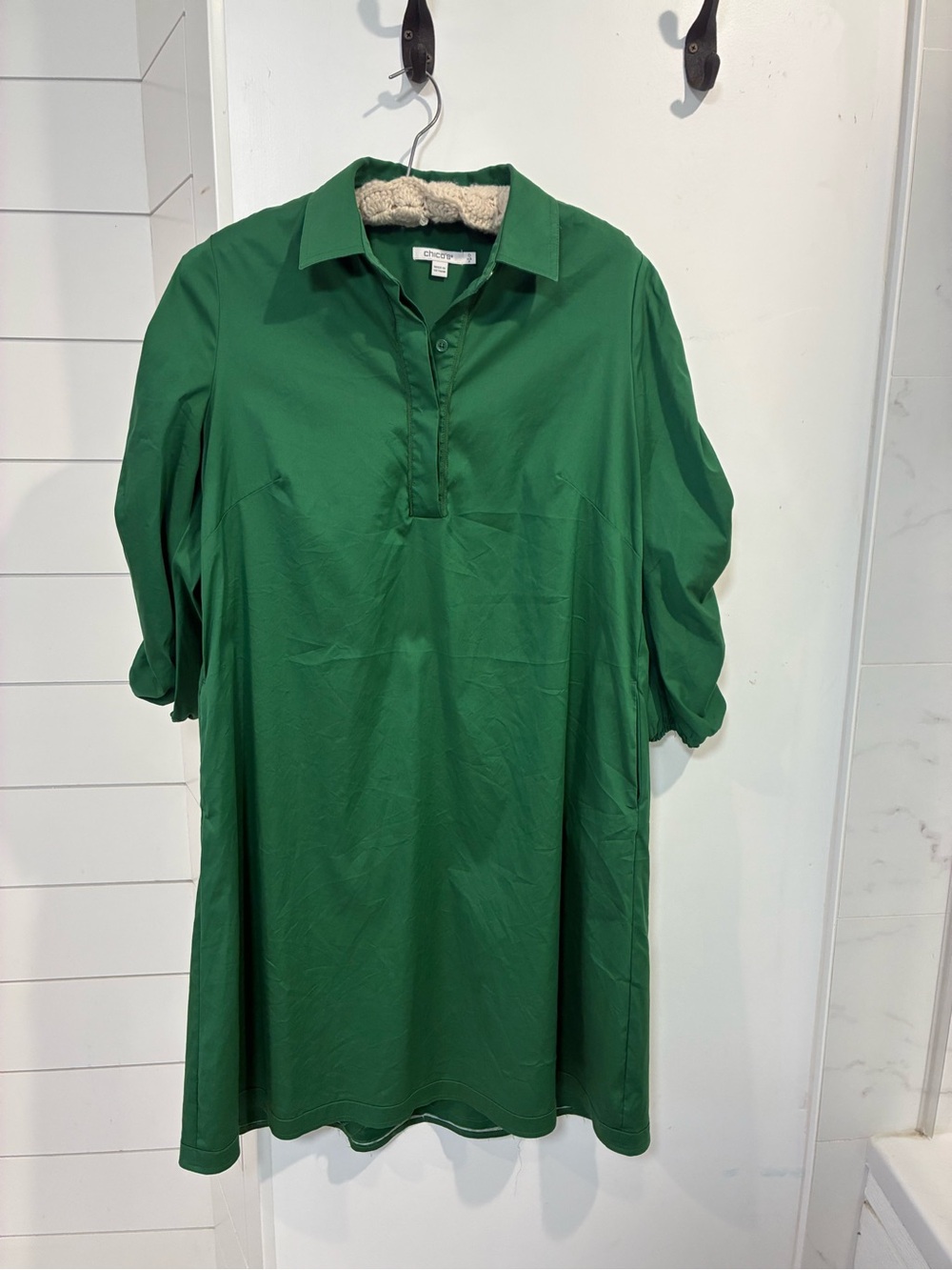 Chicos Green Collared Popover Cotton shirt dress pockets 3/4 sleeves Large 0